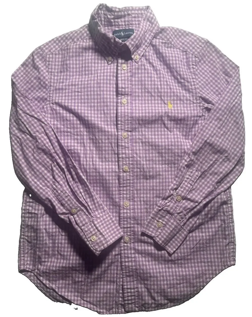 Ralph Lauren Boys M 10-12 Purple Gingham Button Down Shirt Long Sleeve Pony